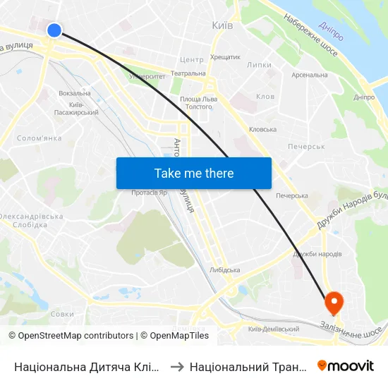 Національна Дитяча Клінічна Лікарня ""Охматдит"" to Національний Транспортний Університет map