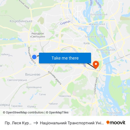 Пр. Леся Курбаса to Національний Транспортний Університет map