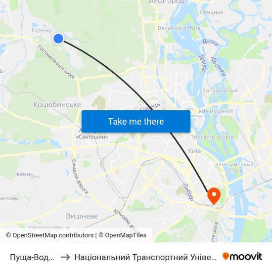 Пуща-Водиця to Національний Транспортний Університет map