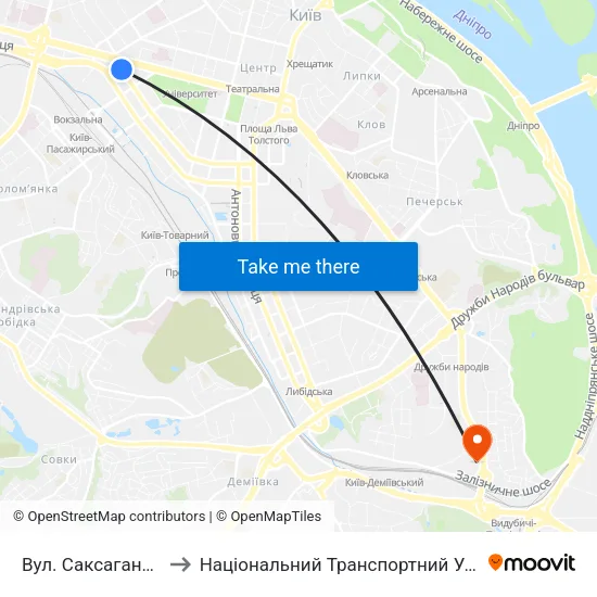 Вул. Саксаганського to Національний Транспортний Університет map