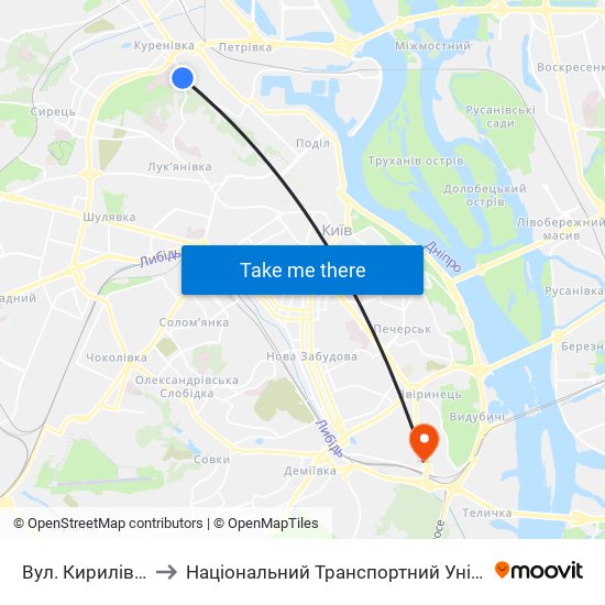 Вул. Кирилівська to Національний Транспортний Університет map