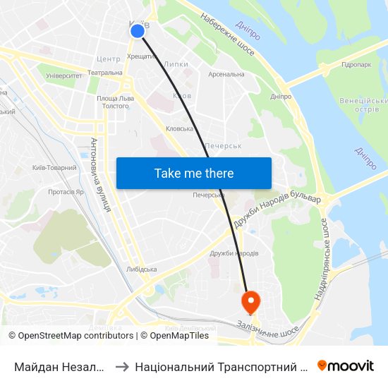Майдан Незалежності to Національний Транспортний Університет map