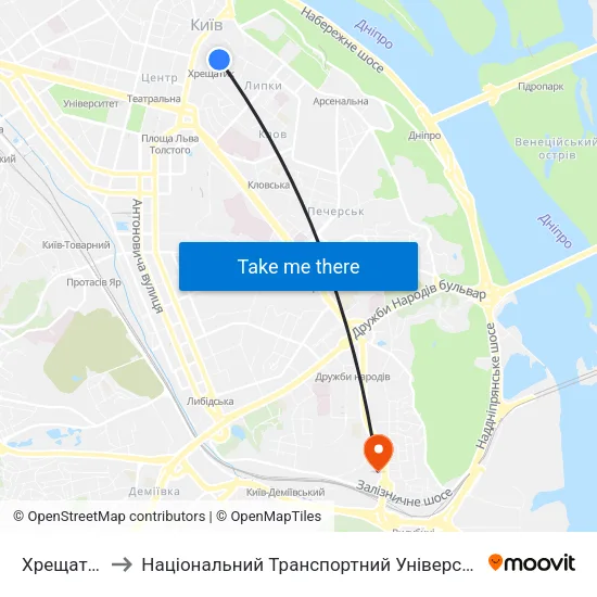 Хрещатик to Національний Транспортний Університет map