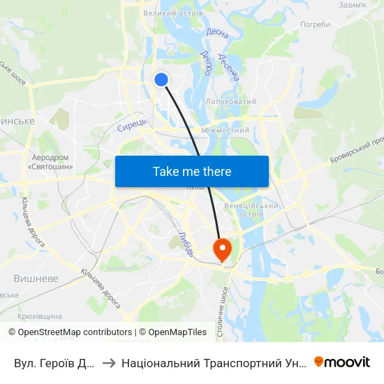 Вул. Героїв Дніпра to Національний Транспортний Університет map