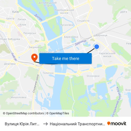 Вулиця Юрія Литвинського to Національний Транспортний Університет map