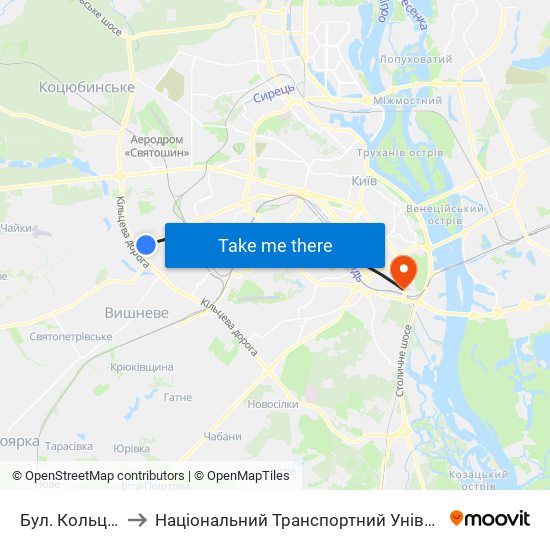 Бул. Кольцова to Національний Транспортний Університет map