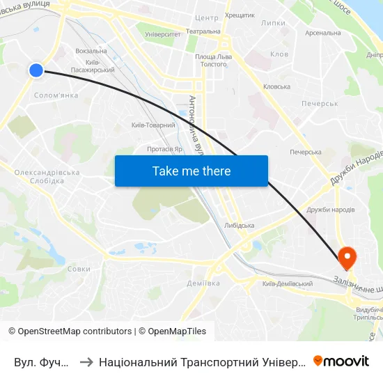 Вул. Фучика to Національний Транспортний Університет map