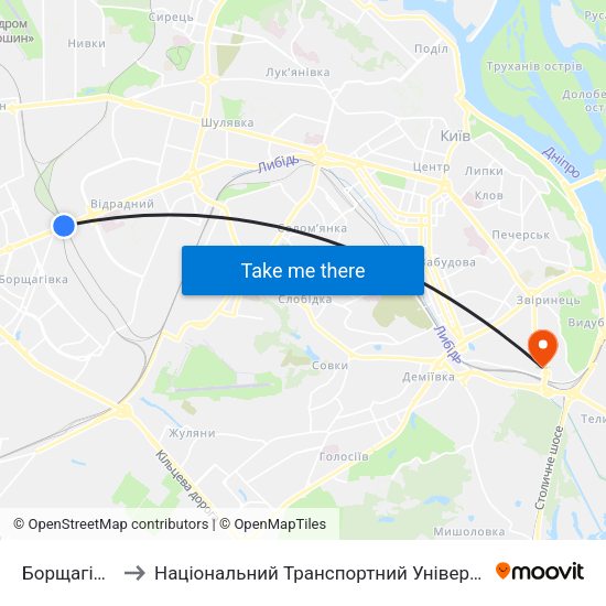 Борщагівка to Національний Транспортний Університет map