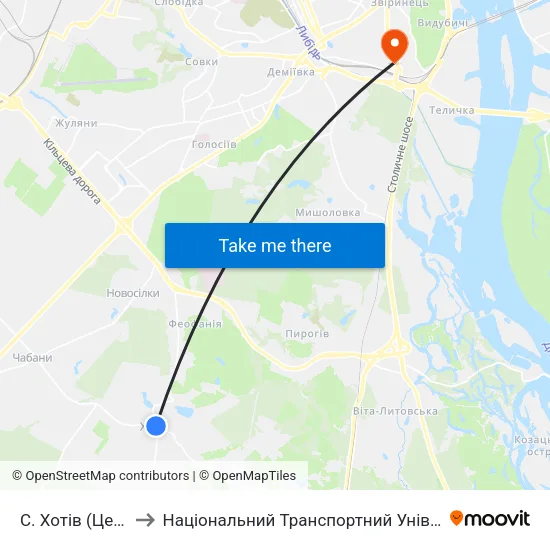 С. Хотів (Центр) to Національний Транспортний Університет map