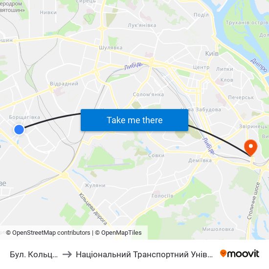 Бул. Кольцова to Національний Транспортний Університет map