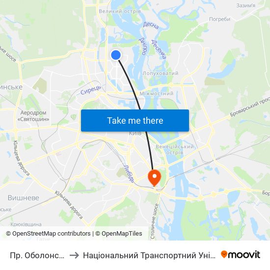 Пр. Оболонський to Національний Транспортний Університет map