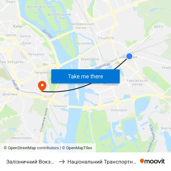 Залізничний Вокзал Дарниця to Національний Транспортний Університет map