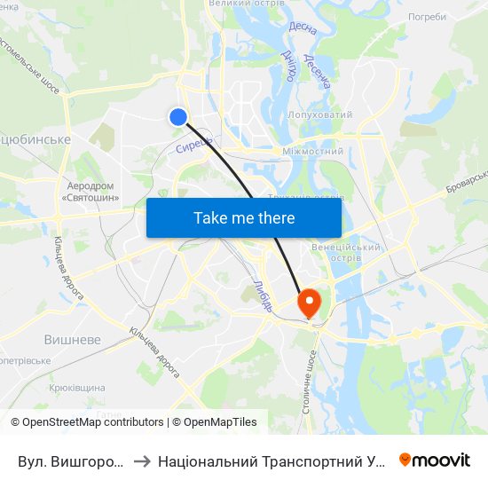 Вул. Вишгородська to Національний Транспортний Університет map