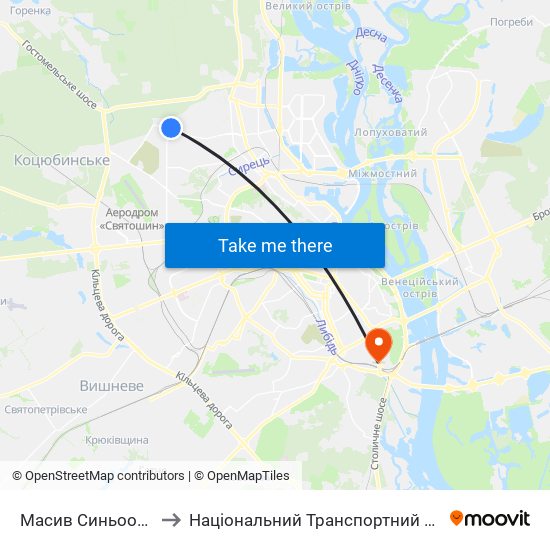 Масив Синьоозерний to Національний Транспортний Університет map