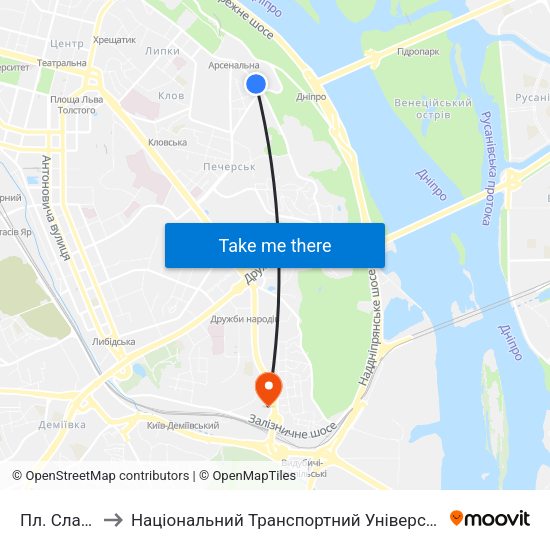 Пл. Слави to Національний Транспортний Університет map