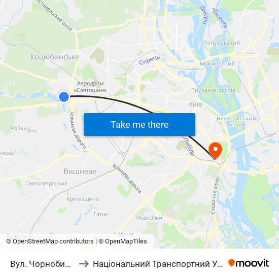 Вул. Чорнобильська to Національний Транспортний Університет map