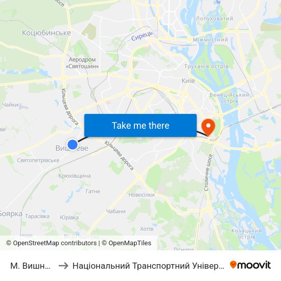 М. Вишневе to Національний Транспортний Університет map