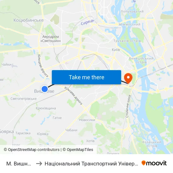 М. Вишневе to Національний Транспортний Університет map
