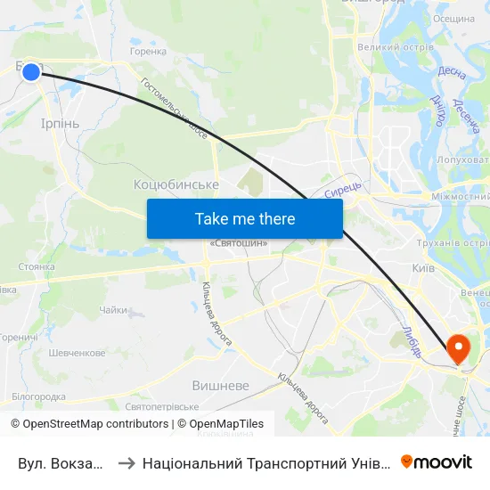Вул. Вокзальна to Національний Транспортний Університет map