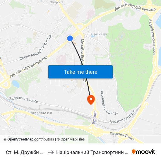 Ст. М. Дружби Народів to Національний Транспортний Університет map