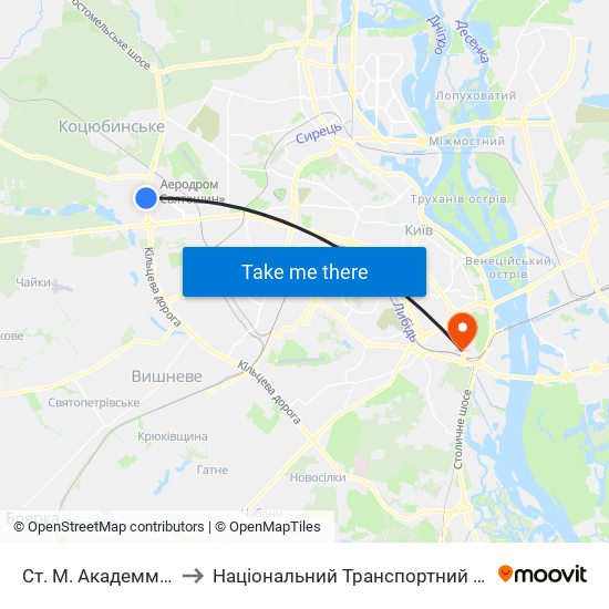 Ст. М. Академмістечко to Національний Транспортний Університет map