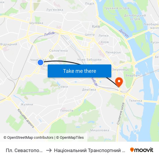 Пл. Севастопольська to Національний Транспортний Університет map