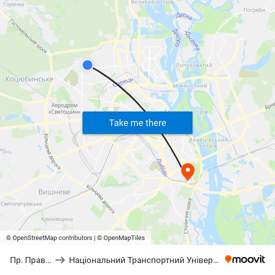 Пр. Правди to Національний Транспортний Університет map