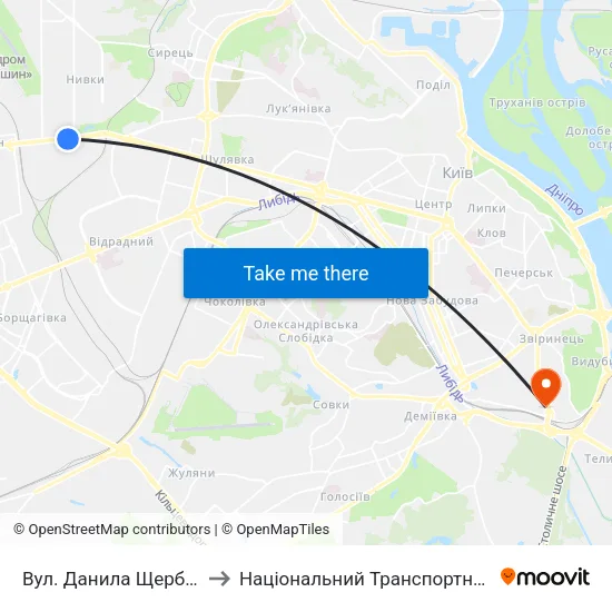 Вул. Данила Щербаківського to Національний Транспортний Університет map