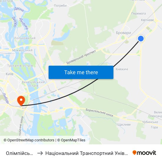 Олімпійська-1 to Національний Транспортний Університет map