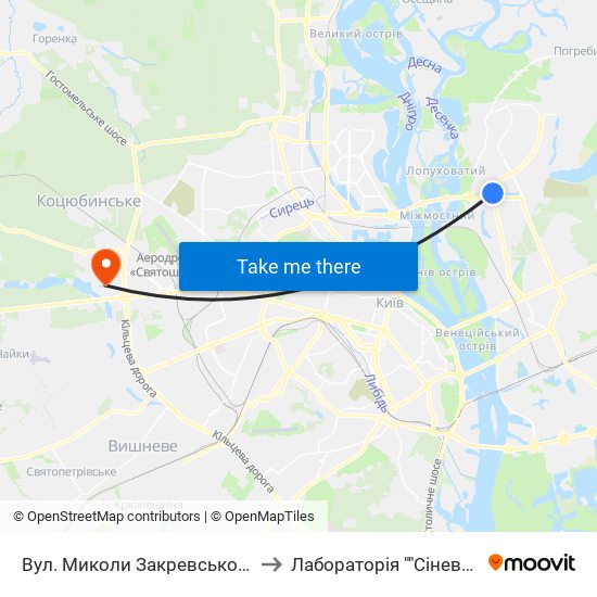 Вул. Миколи Закревського to Лабораторія ""Сінево"" map