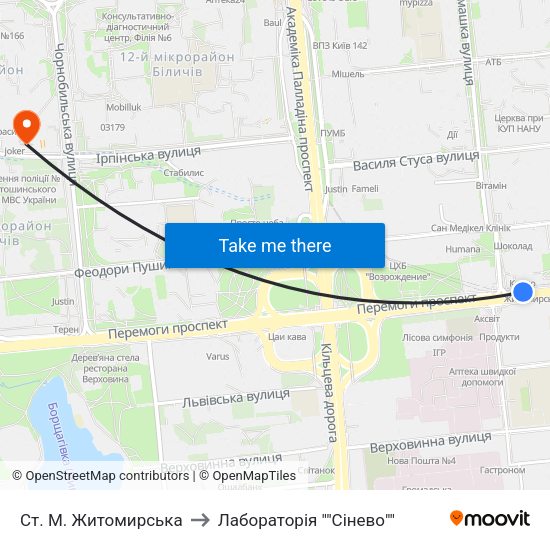 Ст. М. Житомирська to Лабораторія ""Сінево"" map