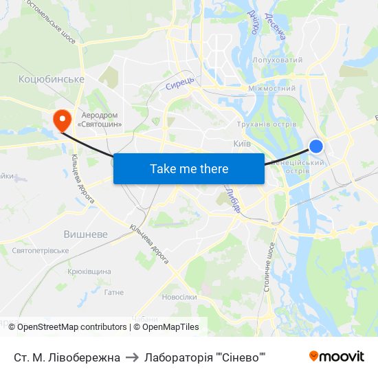 Ст. М. Лівобережна to Лабораторія ""Сінево"" map