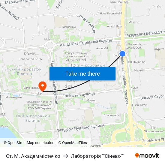 Ст. М. Академмістечко to Лабораторія ""Сінево"" map