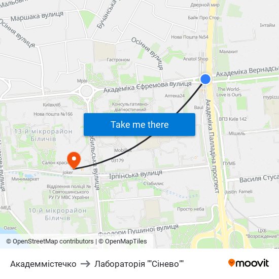 Академмістечко to Лабораторія ""Сінево"" map