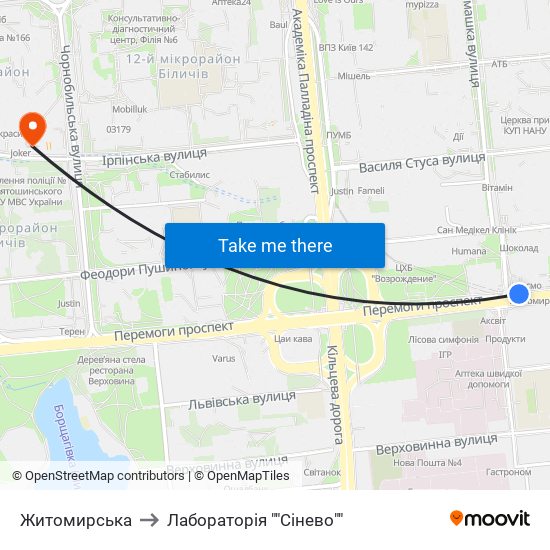 Житомирська to Лабораторія ""Сінево"" map