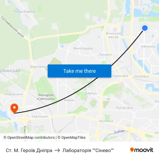 Ст. М. Героїв Дніпра to Лабораторія ""Сінево"" map