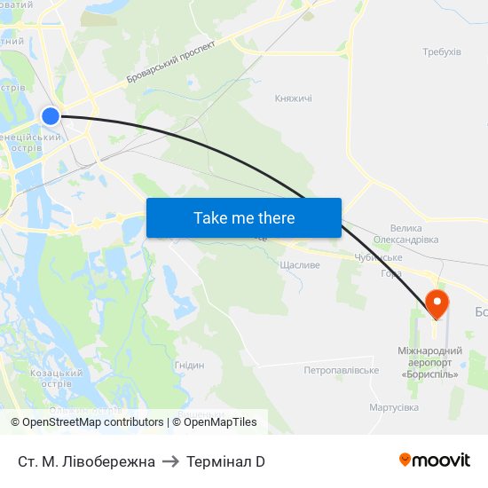 Ст. М. Лівобережна to Термінал D map