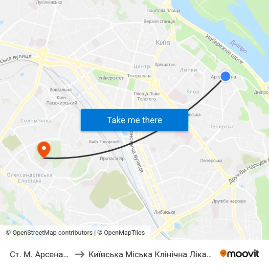 Ст. М. Арсенальна to Київська Міська Клінічна Лікарня № 4 map