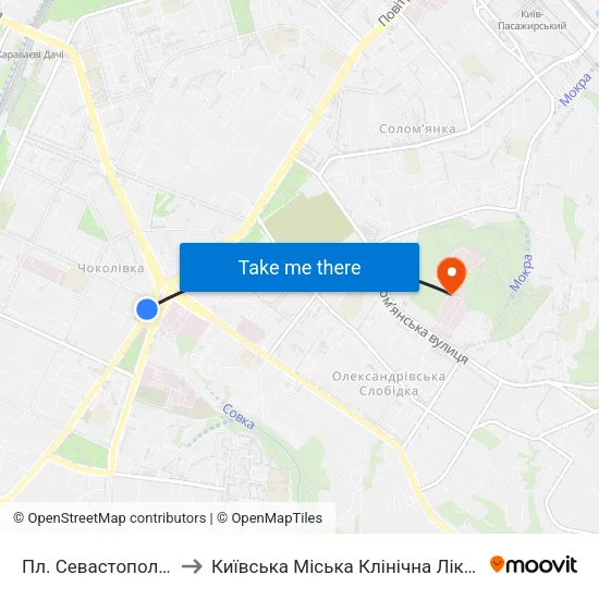 Пл. Севастопольська to Київська Міська Клінічна Лікарня № 4 map