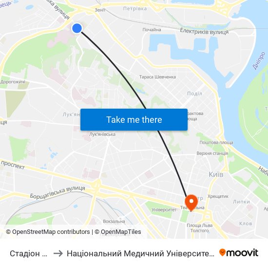 Стадіон Спартак to Національний Медичний Університет Імені О. О. Богомольця map