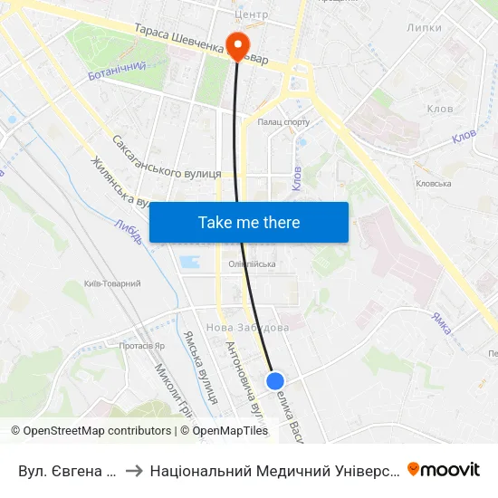 Вул. Євгена Коновальця to Національний Медичний Університет Імені О. О. Богомольця map