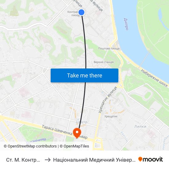 Ст. М. Контрактова Площа to Національний Медичний Університет Імені О. О. Богомольця map