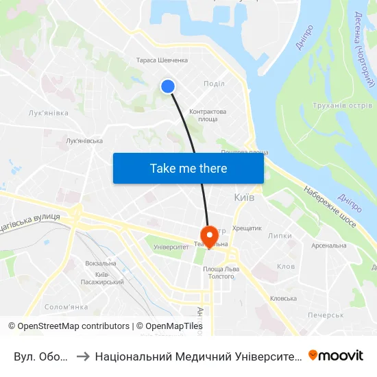 Вул. Оболонська to Національний Медичний Університет Імені О. О. Богомольця map