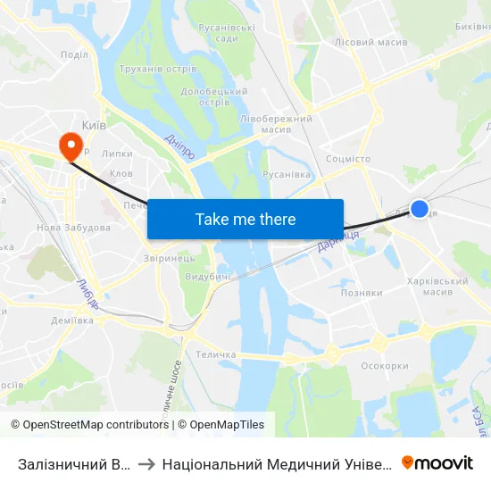 Залізничний Вокзал Дарниця to Національний Медичний Університет Імені О. О. Богомольця map