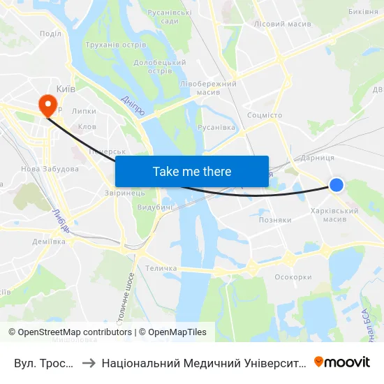 Вул. Тростянецька to Національний Медичний Університет Імені О. О. Богомольця map