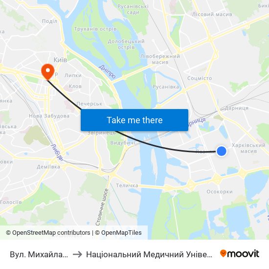 Вул. Михайла Драгоманова to Національний Медичний Університет Імені О. О. Богомольця map