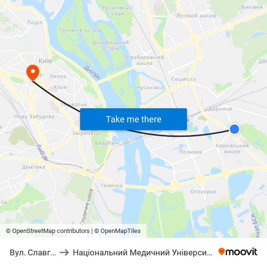 Вул. Славгородська to Національний Медичний Університет Імені О. О. Богомольця map