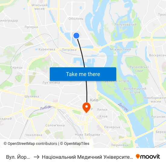 Вул. Йорданська to Національний Медичний Університет Імені О. О. Богомольця map