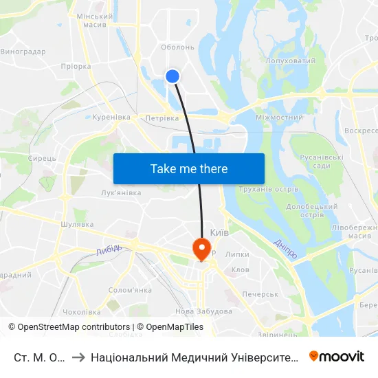 Ст. М. Оболонь to Національний Медичний Університет Імені О. О. Богомольця map
