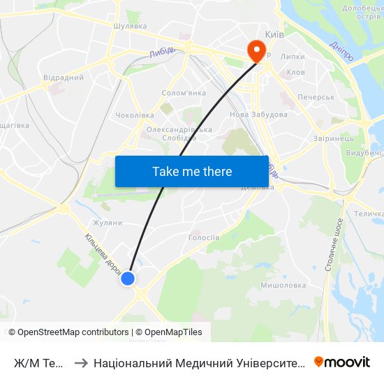 Ж/М Теремки-1 to Національний Медичний Університет Імені О. О. Богомольця map